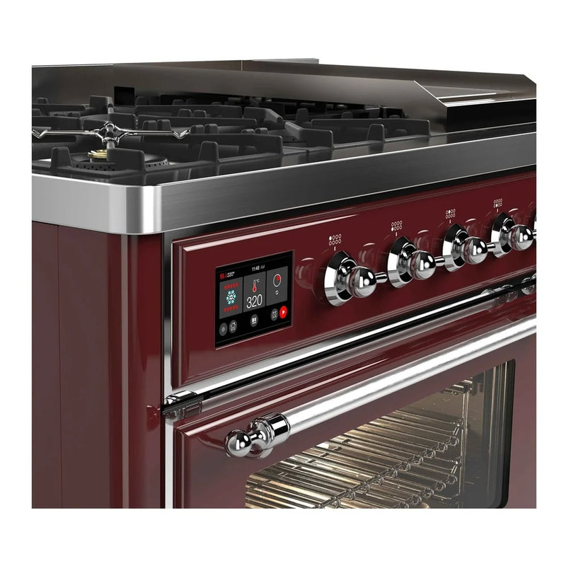 ILVE Majestic II 48" Dual Fuel Freestanding Range in Burgundy with Chrome Trim, UM12FDNS3BUC