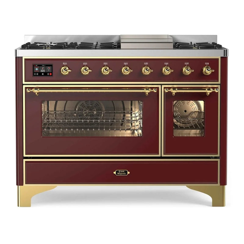 ILVE Majestic II 48" Dual Fuel Freestanding Range in Burgundy with Brass Trim, UM12FDNS3BUGLP