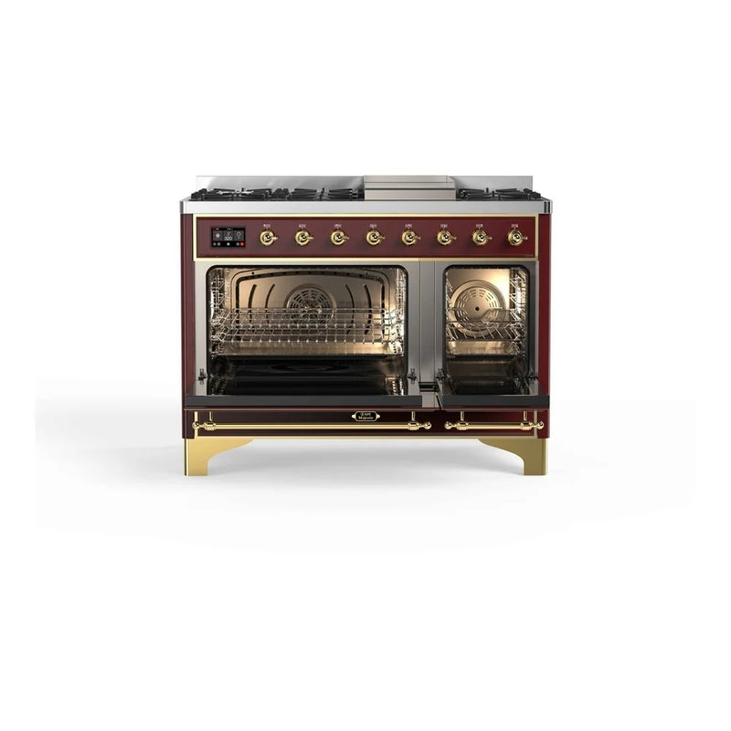 ILVE Majestic II 48" Dual Fuel Freestanding Range in Burgundy with Brass Trim, UM12FDNS3BUGLP