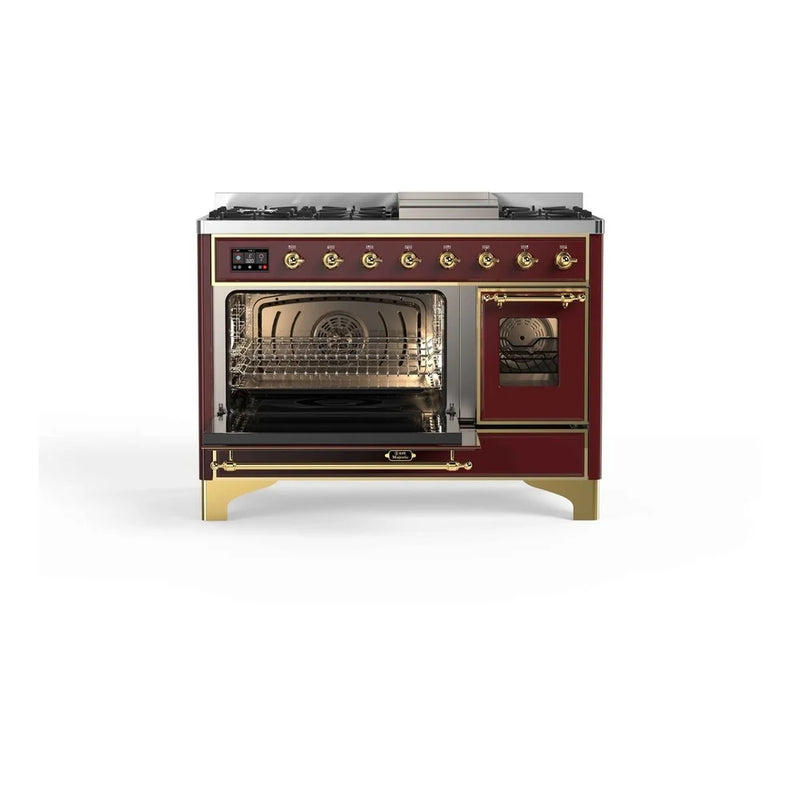 ILVE Majestic II 48" Dual Fuel Freestanding Range in Burgundy with Brass Trim, UM12FDNS3BUGLP