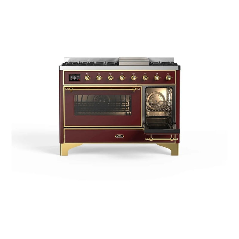 ILVE Majestic II 48" Dual Fuel Freestanding Range in Burgundy with Brass Trim, UM12FDNS3BUGLP