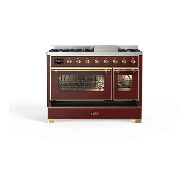 ILVE Majestic II 48" Dual Fuel Freestanding Range in Burgundy with Brass Trim, UM12FDNS3BUGLP