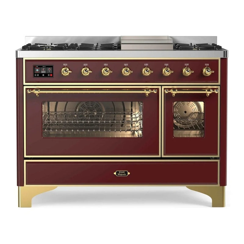 ILVE Majestic II 48" Dual Fuel Freestanding Range in Burgundy with Brass Trim, UM12FDNS3BUG