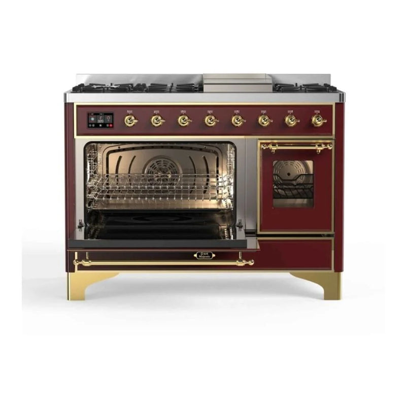 ILVE Majestic II 48" Dual Fuel Freestanding Range in Burgundy with Brass Trim, UM12FDNS3BUG