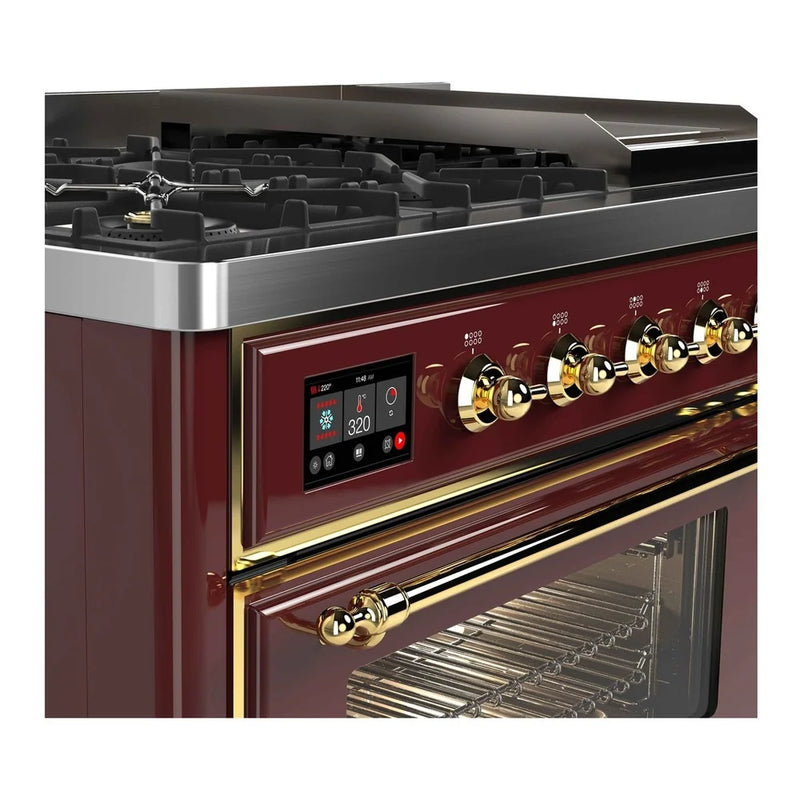 ILVE Majestic II 48" Dual Fuel Freestanding Range in Burgundy with Brass Trim, UM12FDNS3BUG