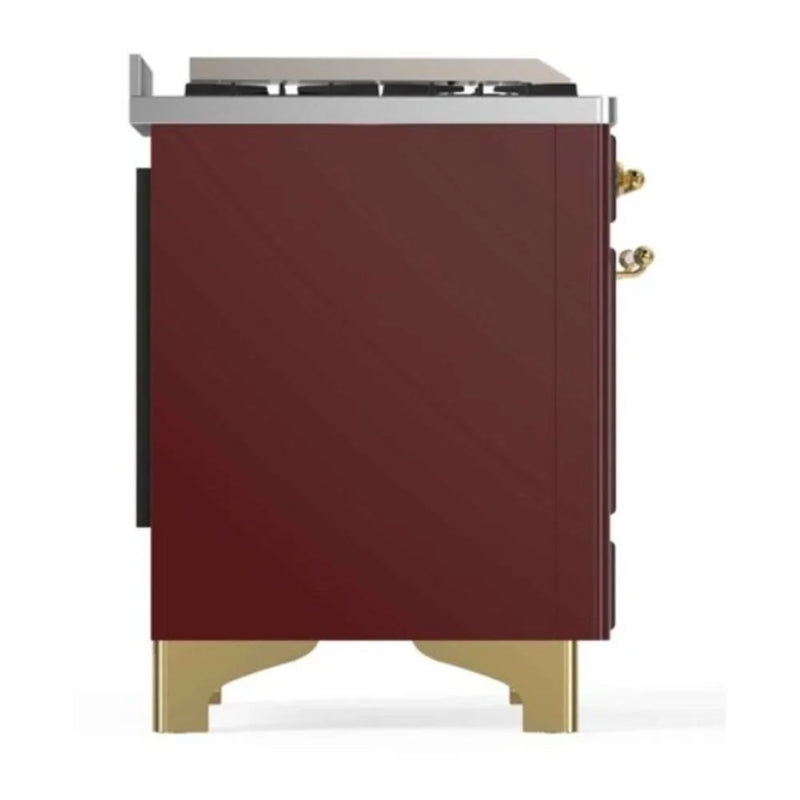 ILVE Majestic II 48" Dual Fuel Freestanding Range in Burgundy with Brass Trim, UM12FDNS3BUG