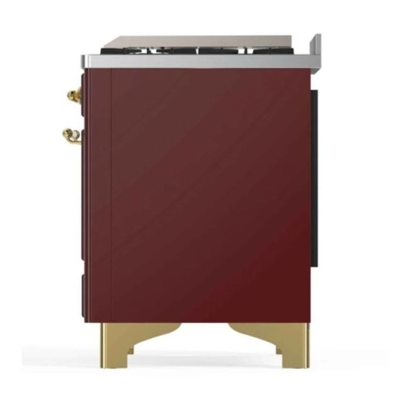 ILVE Majestic II 48" Dual Fuel Freestanding Range in Burgundy with Brass Trim, UM12FDNS3BUG