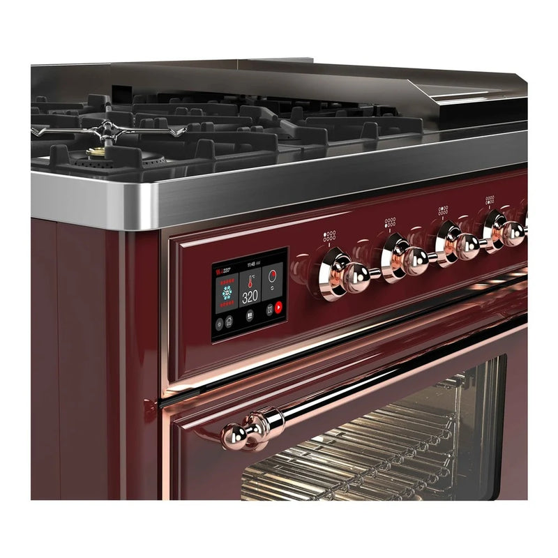 ILVE Majestic II 48" Dual Fuel Freestanding Range in Burgundy with Copper Trim, UM12FDNS3BUPLP