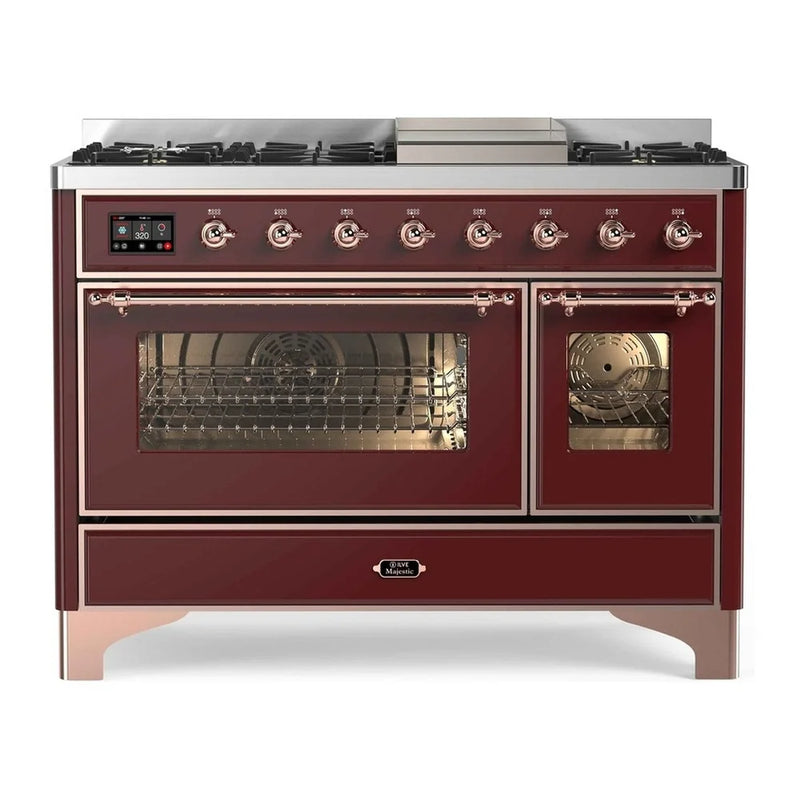 ILVE Majestic II 48" Dual Fuel Freestanding Range in Burgundy with Copper Trim, UM12FDNS3BUP