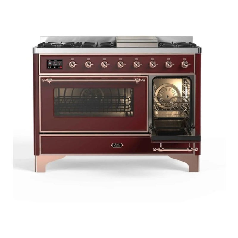ILVE Majestic II 48" Dual Fuel Freestanding Range in Burgundy with Copper Trim, UM12FDNS3BUP