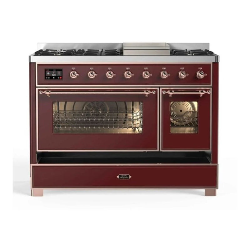 ILVE Majestic II 48" Dual Fuel Freestanding Range in Burgundy with Copper Trim, UM12FDNS3BUP