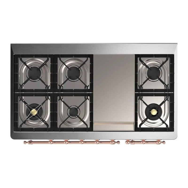 ILVE Majestic II 48" Dual Fuel Freestanding Range in Burgundy with Copper Trim, UM12FDNS3BUP