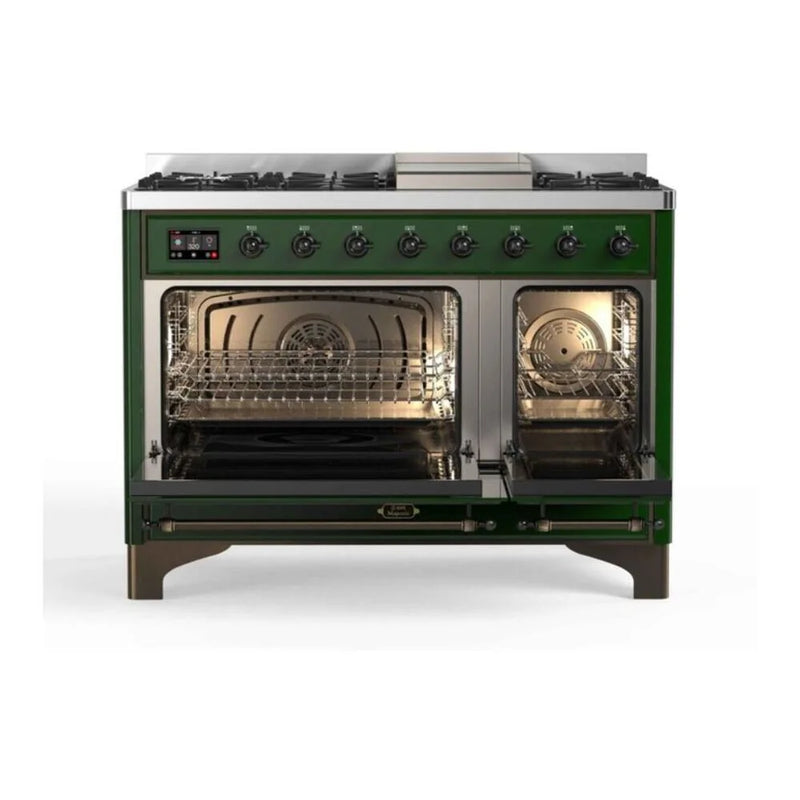 ILVE Majestic II 48" Dual Fuel Freestanding Range in Emerald Green with Burnished Trim, UM12FDNS3EGB