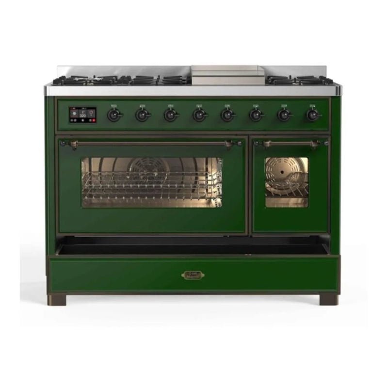 ILVE Majestic II 48" Dual Fuel Freestanding Range in Emerald Green with Burnished Trim, UM12FDNS3EGB