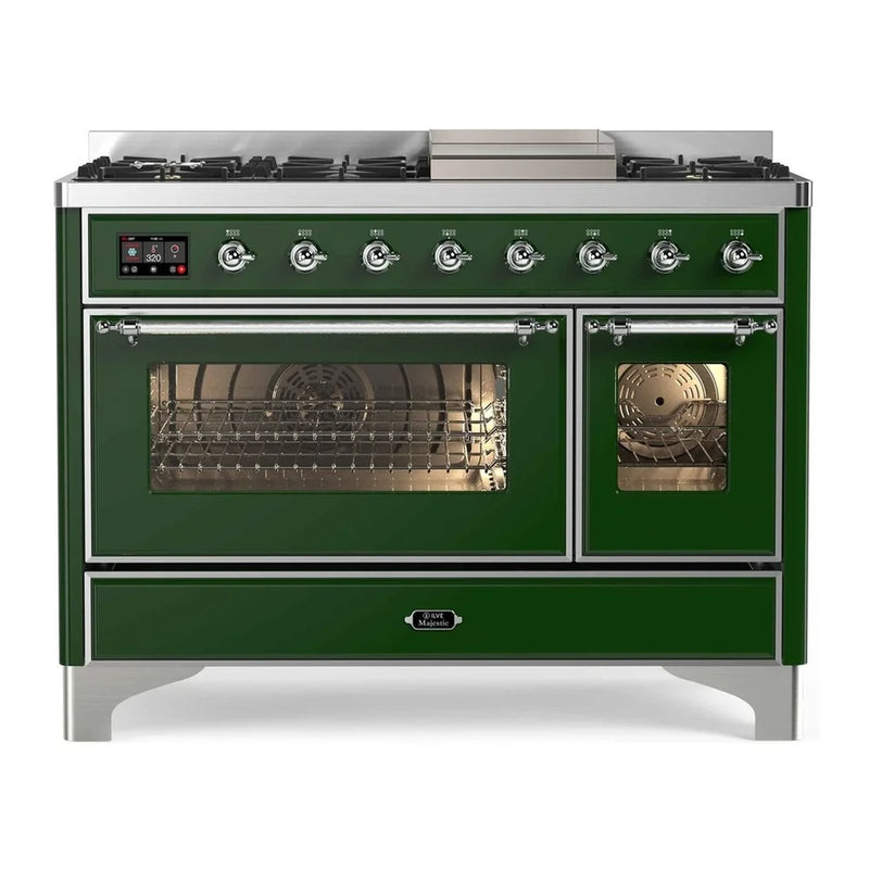 ILVE Majestic II 48" Dual Fuel Freestanding Range in Emerald Green with Chrome Trim, UM12FDNS3EGC