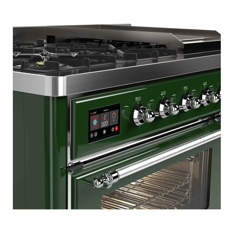 ILVE Majestic II 48" Dual Fuel Freestanding Range in Emerald Green with Chrome Trim, UM12FDNS3EGC