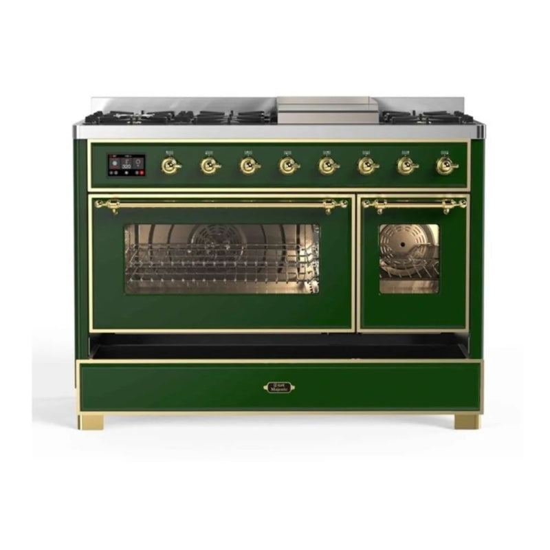 ILVE Majestic II 48" Dual Fuel Freestanding Range in Emerald Green with Brass Trim, UM12FDNS3EGGLP