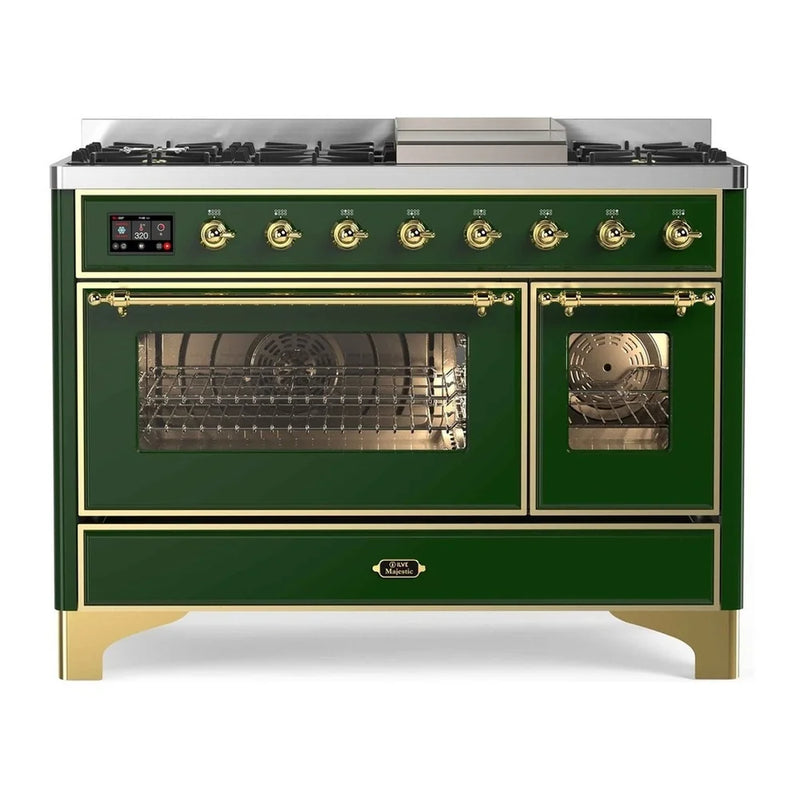 ILVE Majestic II 48" Dual Fuel Freestanding Range in Emerald Green with Brass Trim, UM12FDNS3EGG