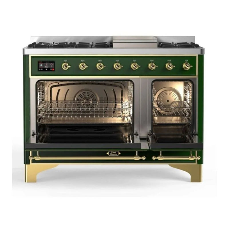 ILVE Majestic II 48" Dual Fuel Freestanding Range in Emerald Green with Brass Trim, UM12FDNS3EGG