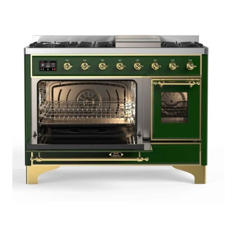 ILVE Majestic II 48" Dual Fuel Freestanding Range in Emerald Green with Brass Trim, UM12FDNS3EGG