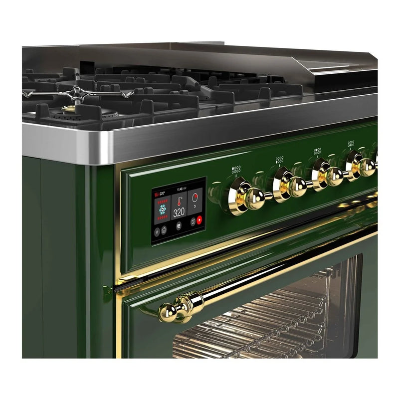 ILVE Majestic II 48" Dual Fuel Freestanding Range in Emerald Green with Brass Trim, UM12FDNS3EGG