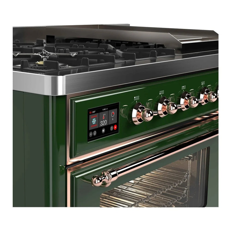 ILVE Majestic II 48" Dual Fuel Freestanding Range in Emerald Green with Copper Trim, UM12FDNS3EGPLP