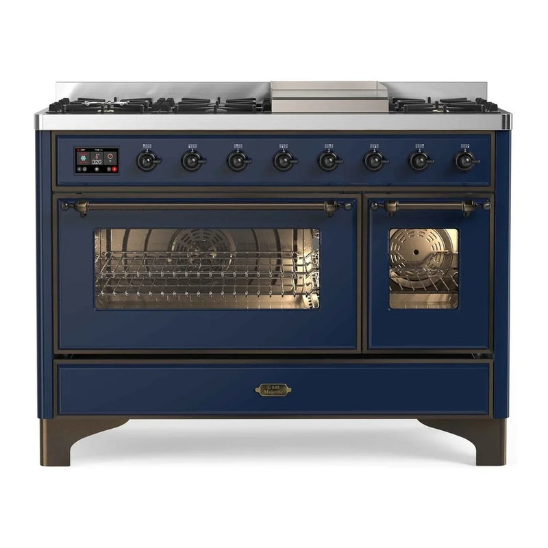 ILVE Majestic II 48" Dual Fuel Freestanding Range in Midnight Blue with Burnished Trim, UM12FDNS3MBB