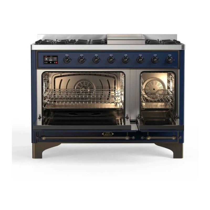ILVE Majestic II 48" Dual Fuel Freestanding Range in Midnight Blue with Burnished Trim, UM12FDNS3MBB