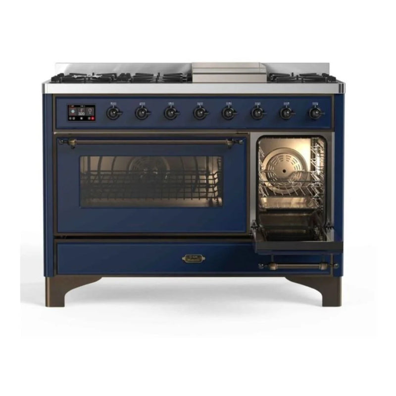 ILVE Majestic II 48" Dual Fuel Freestanding Range in Midnight Blue with Burnished Trim, UM12FDNS3MBB