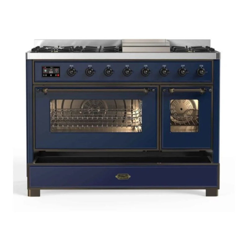 ILVE Majestic II 48" Dual Fuel Freestanding Range in Midnight Blue with Burnished Trim, UM12FDNS3MBB
