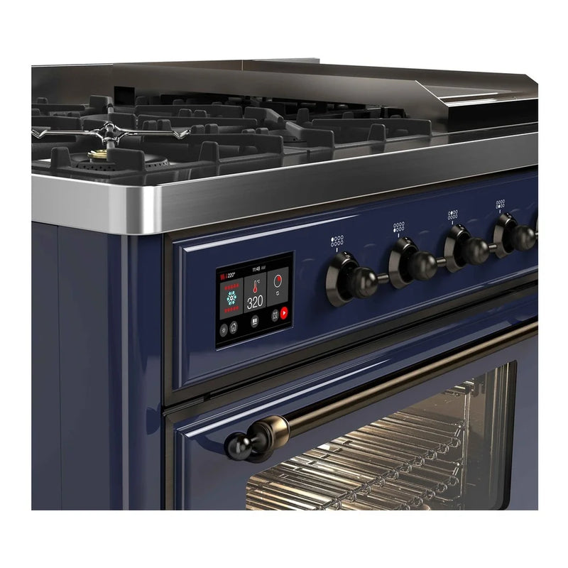 ILVE Majestic II 48" Dual Fuel Freestanding Range in Midnight Blue with Burnished Trim, UM12FDNS3MBB