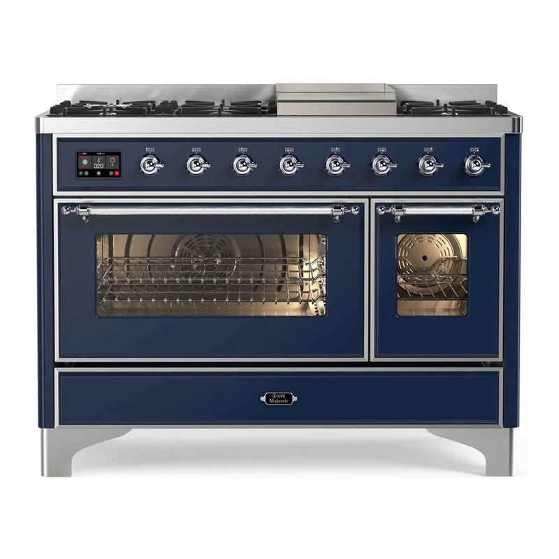 ILVE Majestic II 48" Dual Fuel Freestanding Range in Midnight Blue with Chrome Trim, UM12FDNS3MBCLP