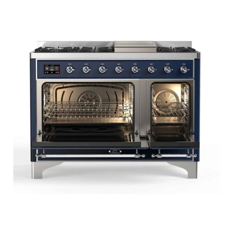 ILVE Majestic II 48" Dual Fuel Freestanding Range in Midnight Blue with Chrome Trim, UM12FDNS3MBCLP