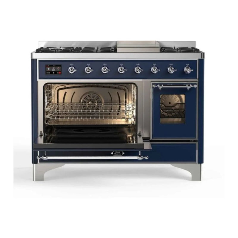 ILVE Majestic II 48" Dual Fuel Freestanding Range in Midnight Blue with Chrome Trim, UM12FDNS3MBC