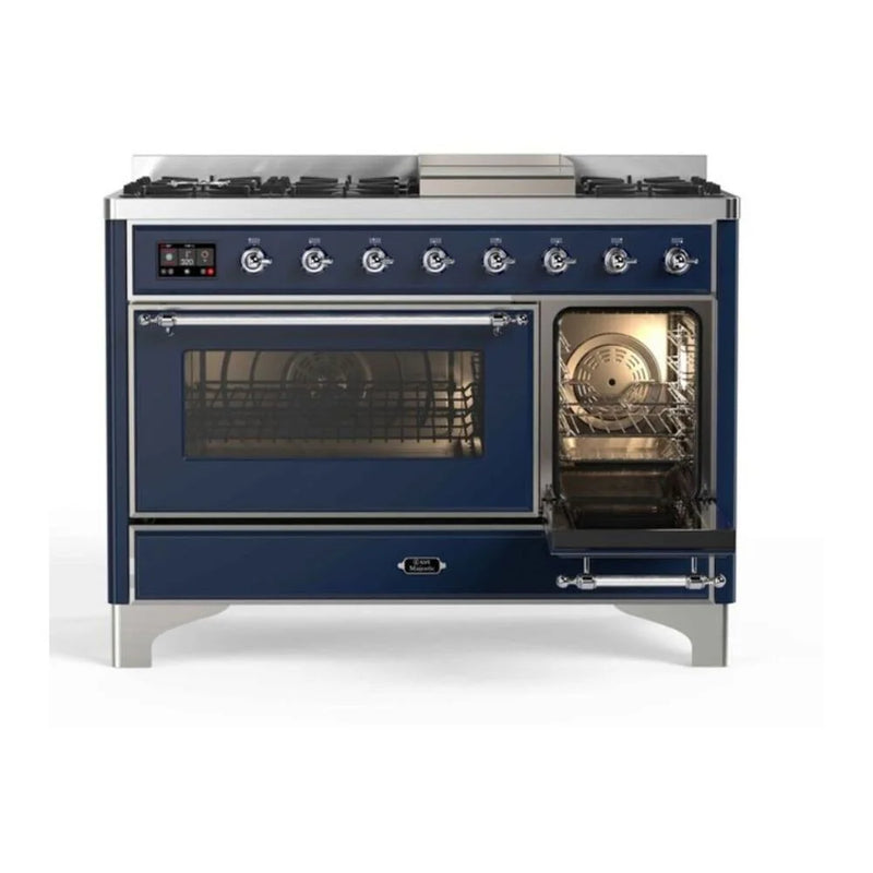 ILVE Majestic II 48" Dual Fuel Freestanding Range in Midnight Blue with Chrome Trim, UM12FDNS3MBC