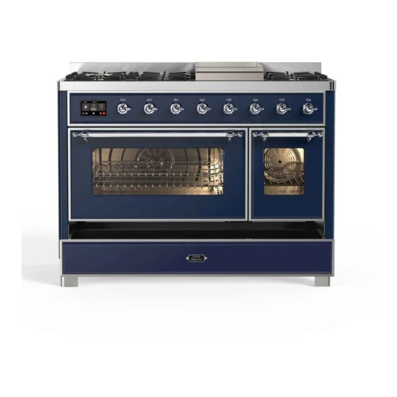 ILVE Majestic II 48" Dual Fuel Freestanding Range in Midnight Blue with Chrome Trim, UM12FDNS3MBC
