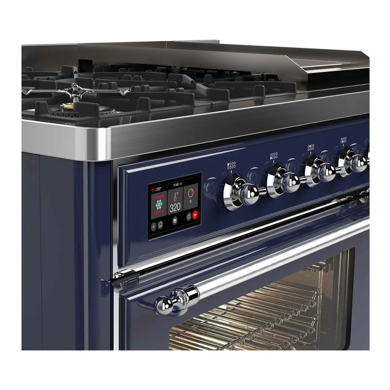 ILVE Majestic II 48" Dual Fuel Freestanding Range in Midnight Blue with Chrome Trim, UM12FDNS3MBC