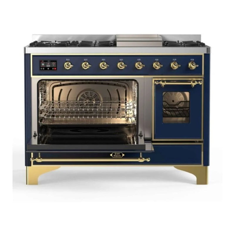 ILVE Majestic II 48" Dual Fuel Freestanding Range in Midnight Blue with Brass Trim, UM12FDNS3MBGLP