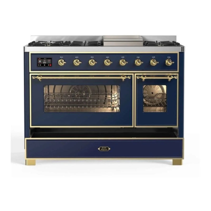 ILVE Majestic II 48" Dual Fuel Freestanding Range in Midnight Blue with Brass Trim, UM12FDNS3MBGLP