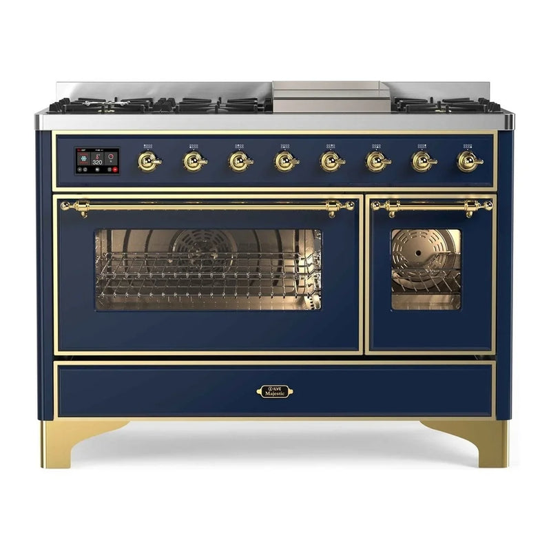 ILVE Majestic II 48" Dual Fuel Freestanding Range in Midnight Blue with Brass Trim, UM12FDNS3MBG
