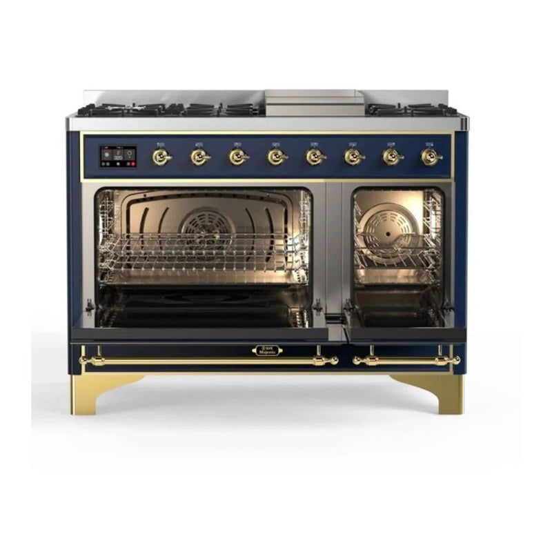 ILVE Majestic II 48" Dual Fuel Freestanding Range in Midnight Blue with Brass Trim, UM12FDNS3MBG