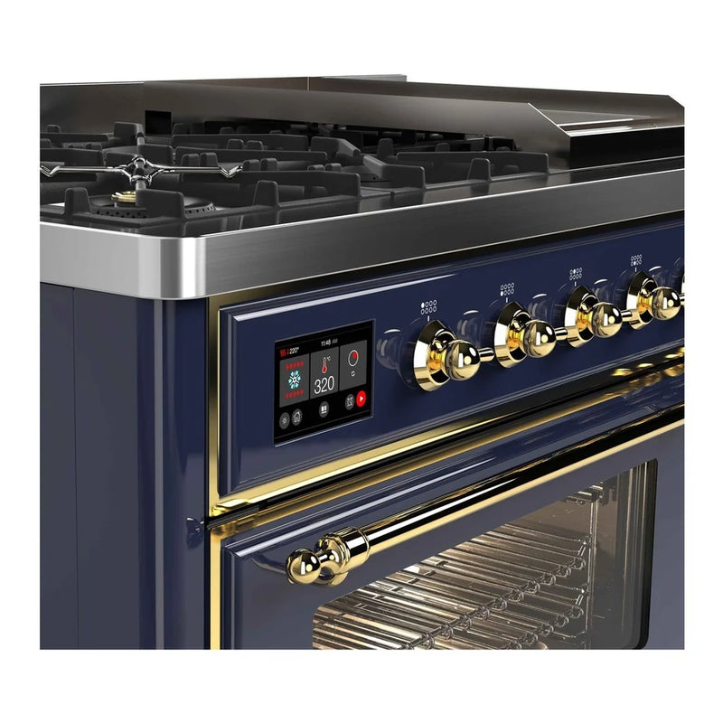 ILVE Majestic II 48" Dual Fuel Freestanding Range in Midnight Blue with Brass Trim, UM12FDNS3MBG