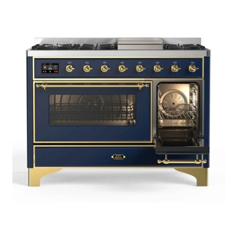 ILVE Majestic II 48" Dual Fuel Freestanding Range in Midnight Blue with Brass Trim, UM12FDNS3MBG