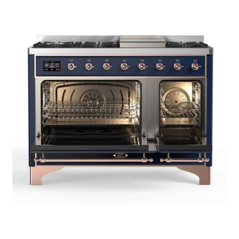 ILVE Majestic II 48" Dual Fuel Freestanding Range in Midnight Blue with Copper Trim, UM12FDNS3MBP