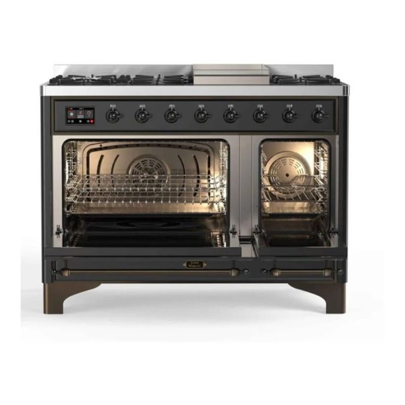 ILVE Majestic II 48" Dual Fuel Freestanding Range in Graphite Matte with Burnished Trim, UM12FDNS3MGBLP