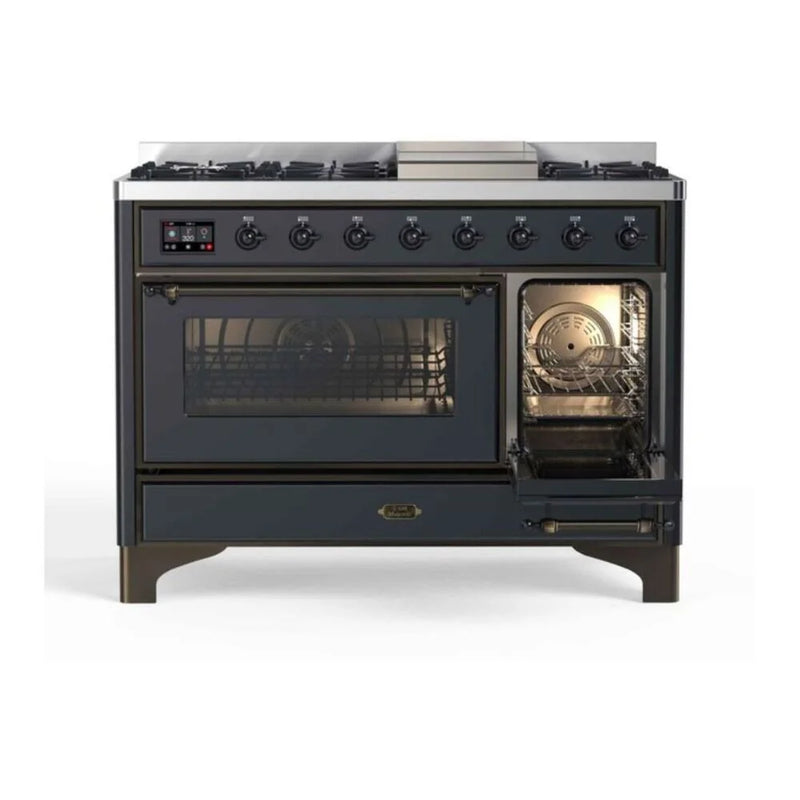 ILVE Majestic II 48" Dual Fuel Freestanding Range in Graphite Matte with Burnished Trim, UM12FDNS3MGBLP