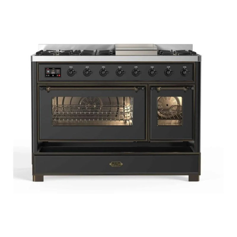 ILVE Majestic II 48" Dual Fuel Freestanding Range in Graphite Matte with Burnished Trim, UM12FDNS3MGBLP