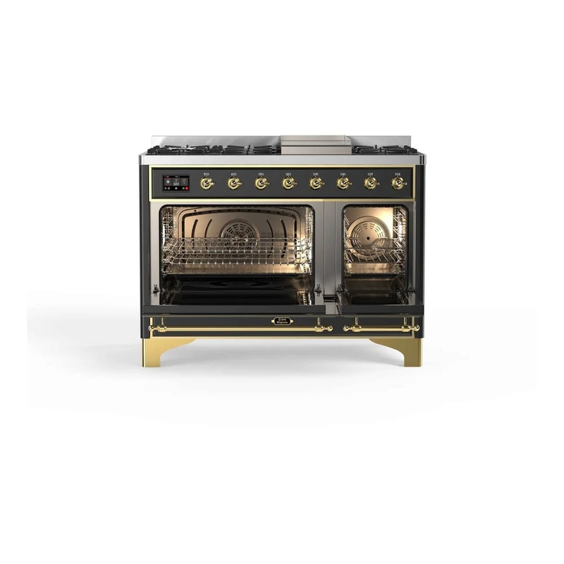 ILVE Majestic II 48" Dual Fuel Freestanding Range in Graphite Matte with Brass Trim, UM12FDNS3MGGLP