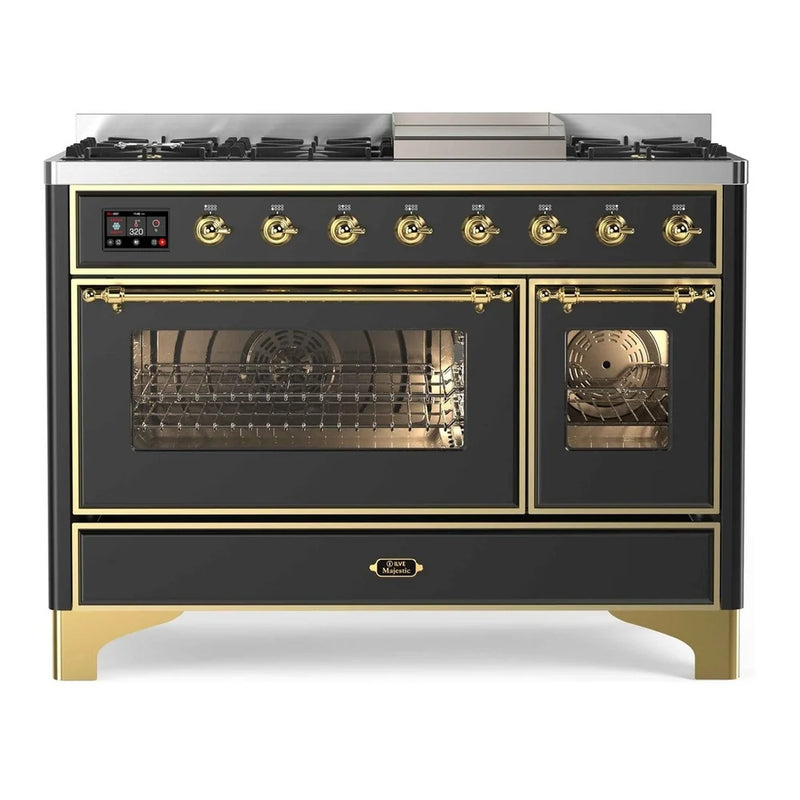 ILVE Majestic II 48" Dual Fuel Freestanding Range in Graphite Matte with Brass Trim, UM12FDNS3MGG