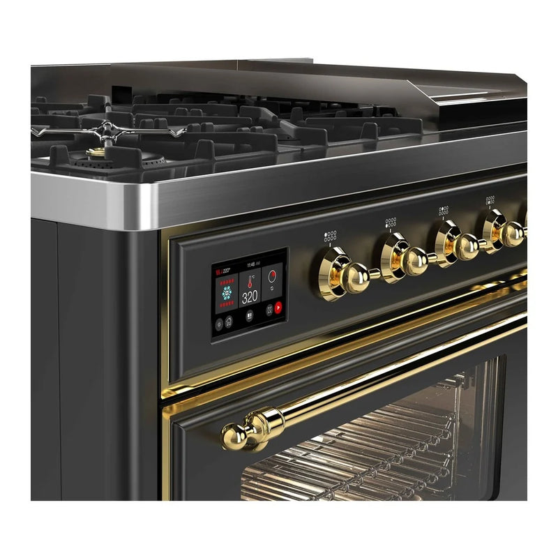 ILVE Majestic II 48" Dual Fuel Freestanding Range in Graphite Matte with Brass Trim, UM12FDNS3MGG